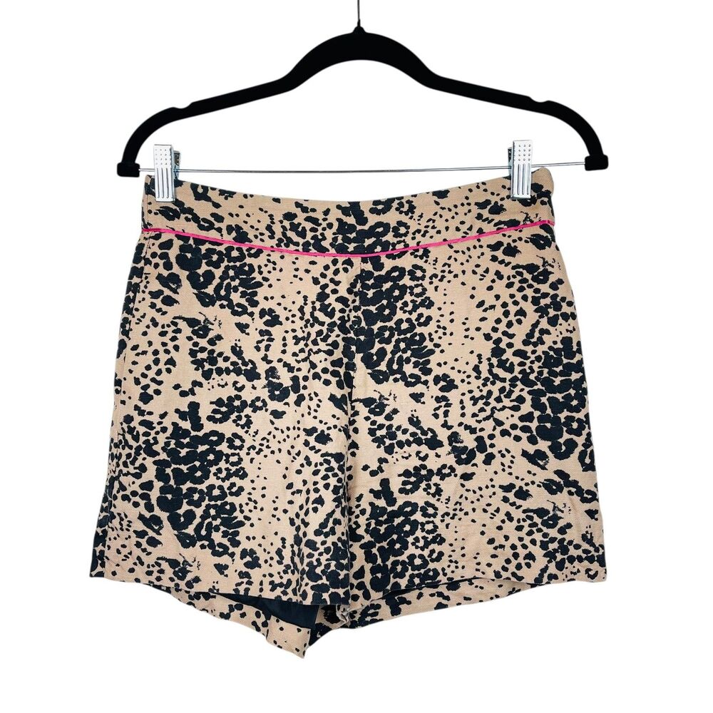 J Crew Shorts Womens 2 Beige Black Animal Print Pink Trim High Waist Casual